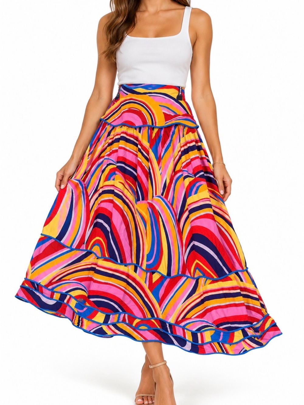 Farm Rio Multicolor Waves Midi Skirt XL NWT Rainbow Print